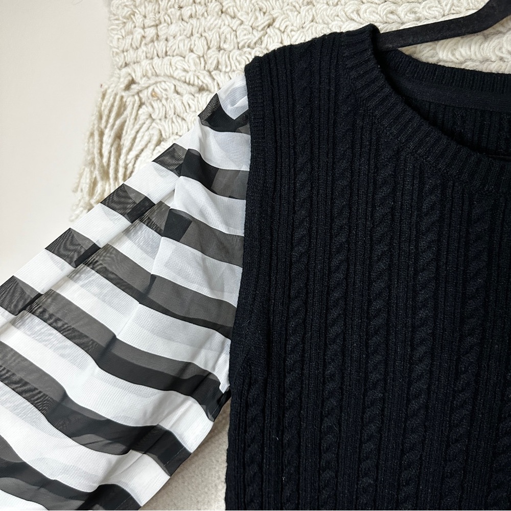 ANTHROPOLOGIE Maeve black and white cable knit contrast sweater M - Picture 7 of 11